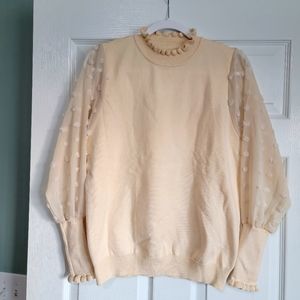 Ruffle Mock Neck Sheer Sleeve Knit Top Size M